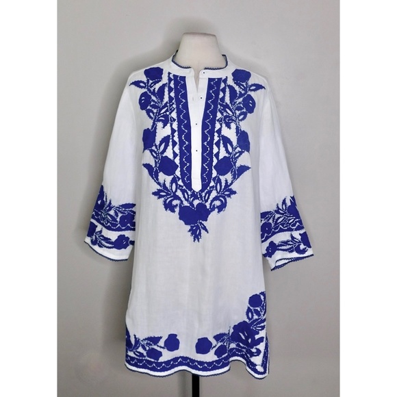 CHICO’S Appliqued Linen Tunic White & Blue Embroidered ~ Size 3 X-Large 16 - Picture 2 of 14